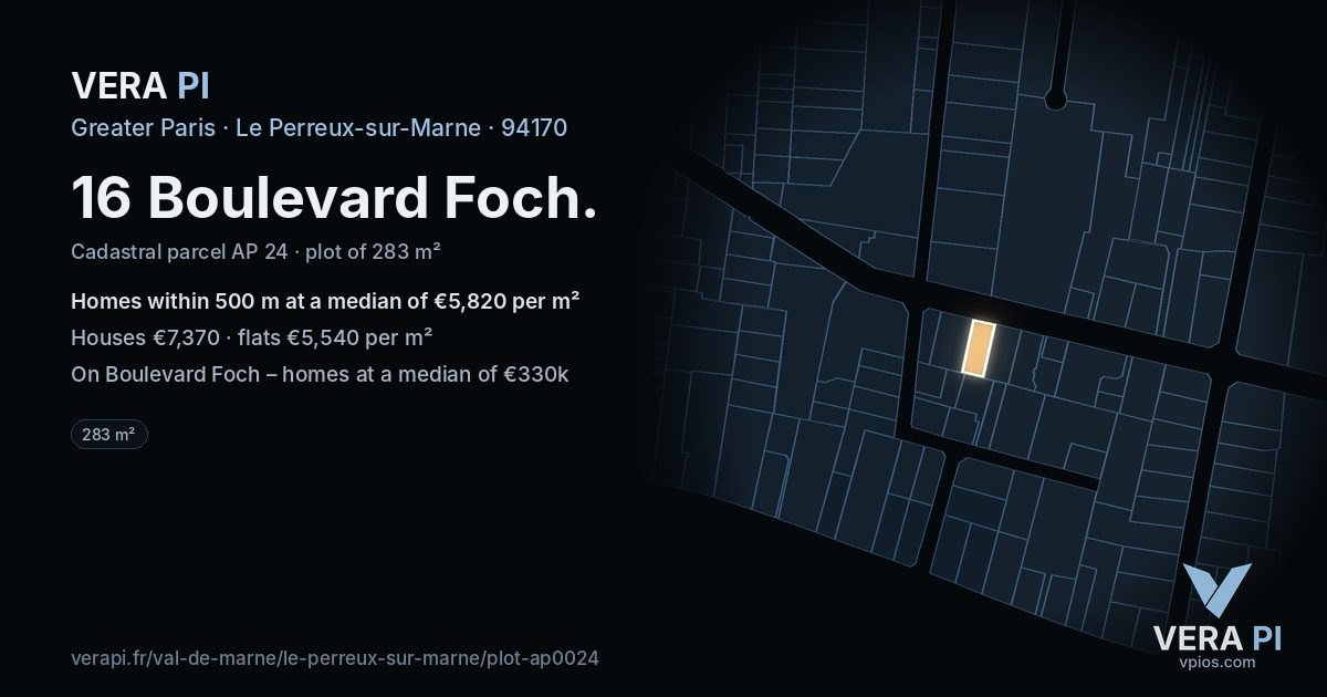 16 Boulevard Foch, Le Perreux-sur-Marne at night – the plot lit, the parcels around coloured by the prices near them