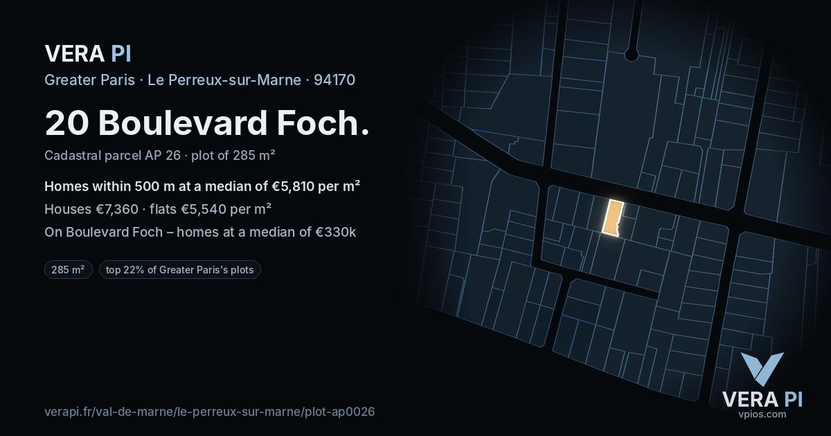 20 Boulevard Foch, Le Perreux-sur-Marne at night – the plot lit, the parcels around coloured by the prices near them