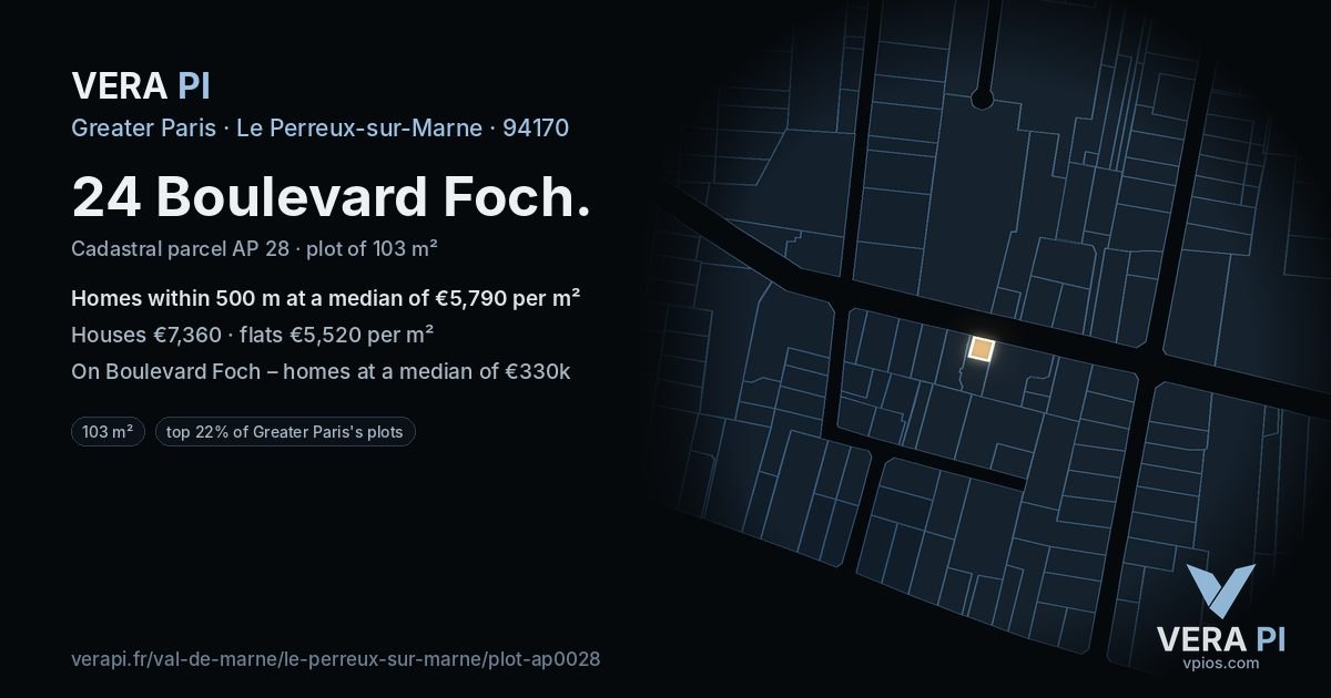24 Boulevard Foch, Le Perreux-sur-Marne at night – the plot lit, the parcels around coloured by the prices near them