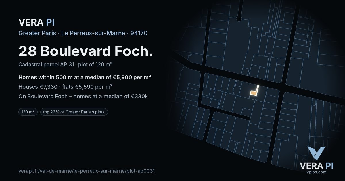 28 Boulevard Foch, Le Perreux-sur-Marne at night – the plot lit, the parcels around coloured by the prices near them
