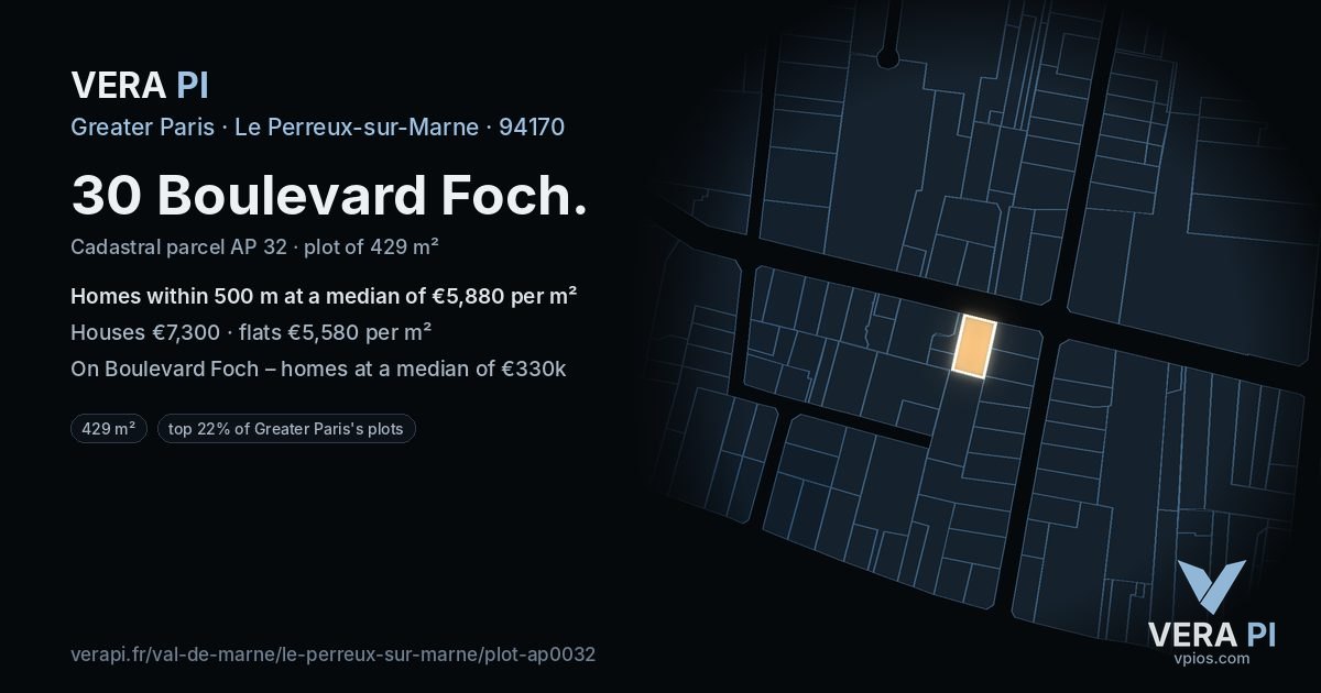 30 Boulevard Foch, Le Perreux-sur-Marne at night – the plot lit, the parcels around coloured by the prices near them