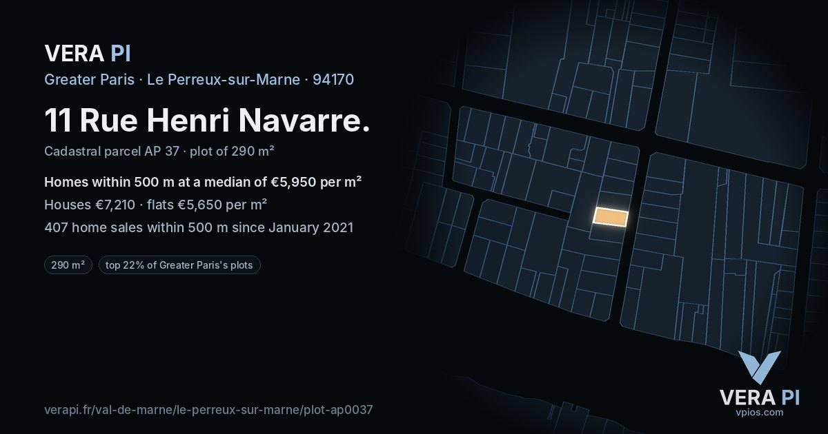 11 Rue Henri Navarre, Le Perreux-sur-Marne at night – the plot lit, the parcels around coloured by the prices near them