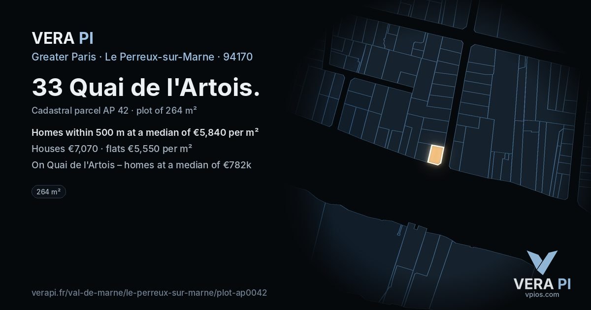 33 Quai de l'Artois, Le Perreux-sur-Marne at night – the plot lit, the parcels around coloured by the prices near them