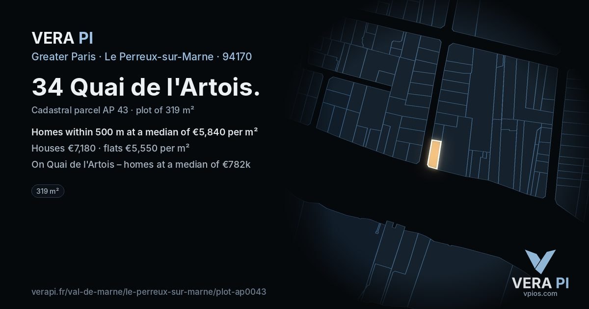 34 Quai de l'Artois, Le Perreux-sur-Marne at night – the plot lit, the parcels around coloured by the prices near them