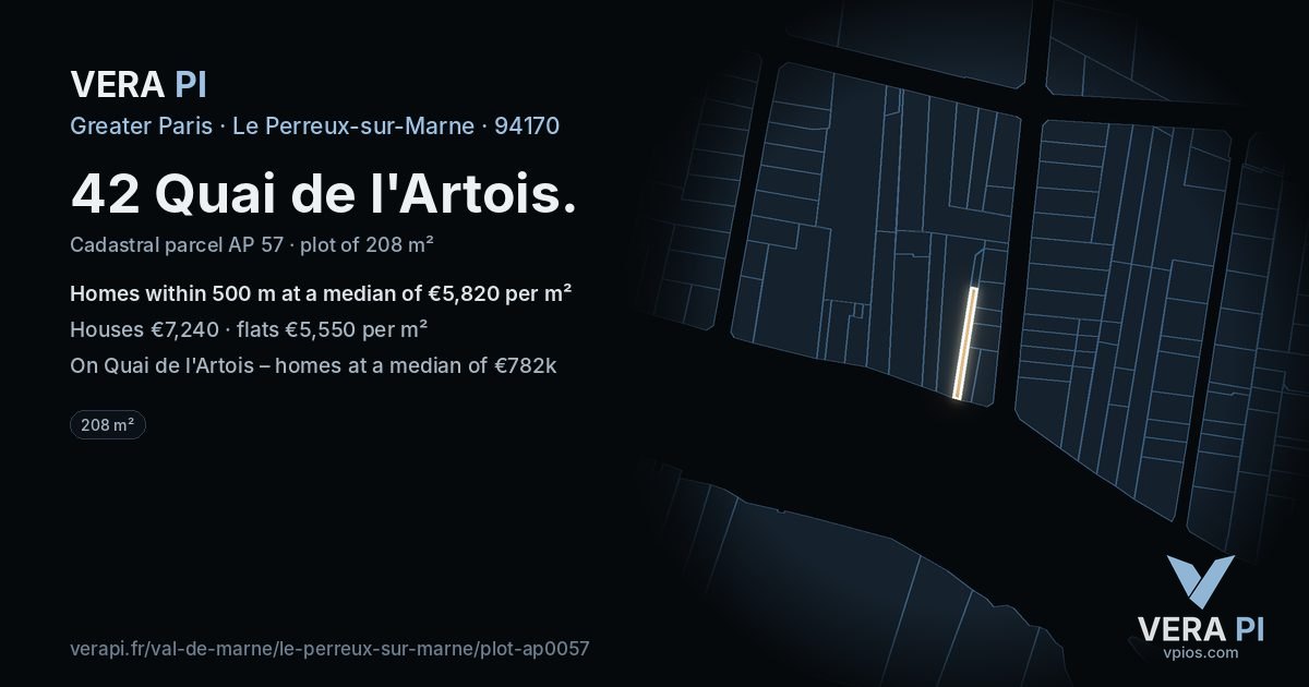 42 Quai de l'Artois, Le Perreux-sur-Marne at night – the plot lit, the parcels around coloured by the prices near them