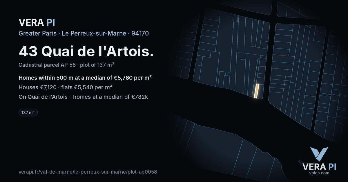 43 Quai de l'Artois, Le Perreux-sur-Marne at night – the plot lit, the parcels around coloured by the prices near them