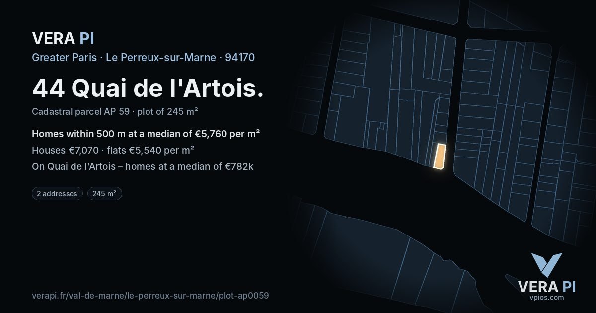 44 Quai de l'Artois, Le Perreux-sur-Marne at night – the plot lit, the parcels around coloured by the prices near them