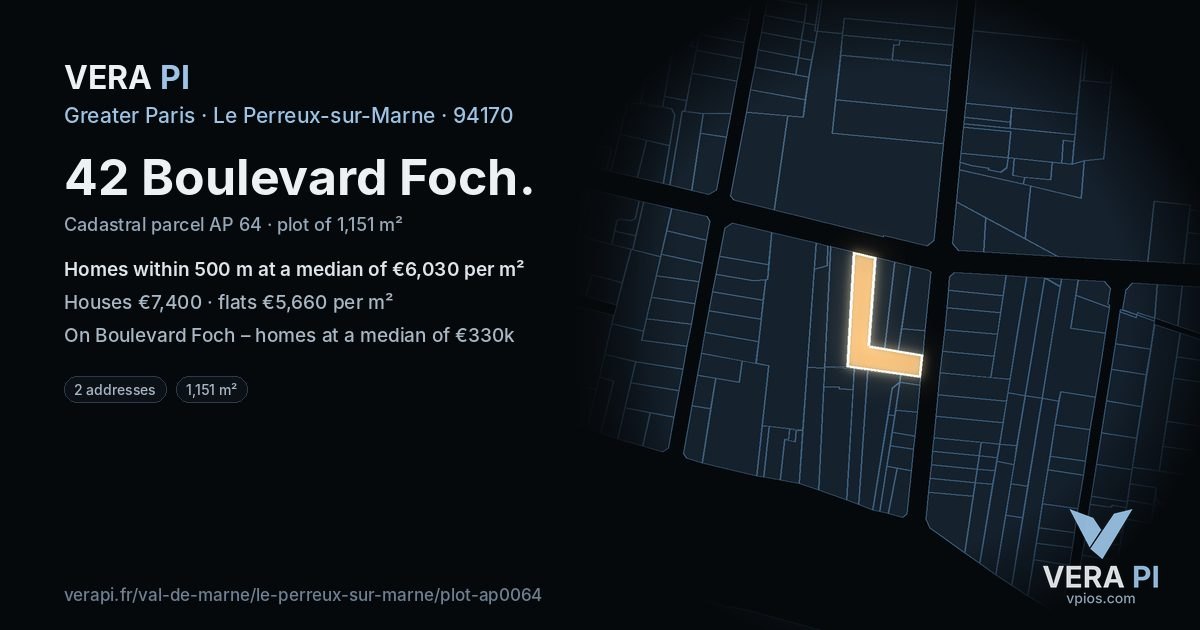 42 Boulevard Foch, Le Perreux-sur-Marne at night – the plot lit, the parcels around coloured by the prices near them