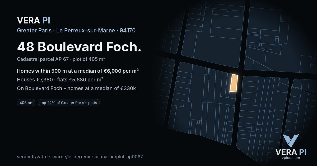 48 Boulevard Foch, Le Perreux-sur-Marne at night – the plot lit, the parcels around coloured by the prices near them