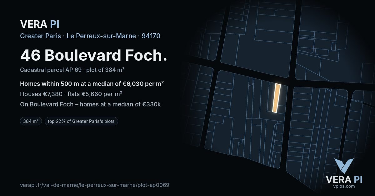 46 Boulevard Foch, Le Perreux-sur-Marne at night – the plot lit, the parcels around coloured by the prices near them