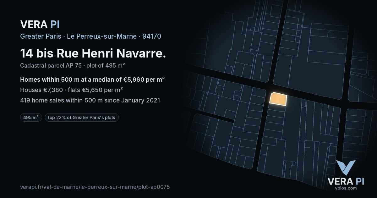 14 bis Rue Henri Navarre, Le Perreux-sur-Marne at night – the plot lit, the parcels around coloured by the prices near them