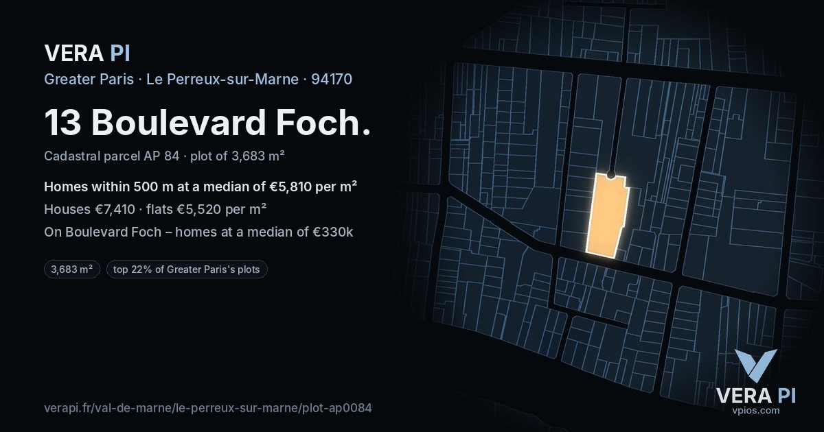 13 Boulevard Foch, Le Perreux-sur-Marne at night – the plot lit, the parcels around coloured by the prices near them