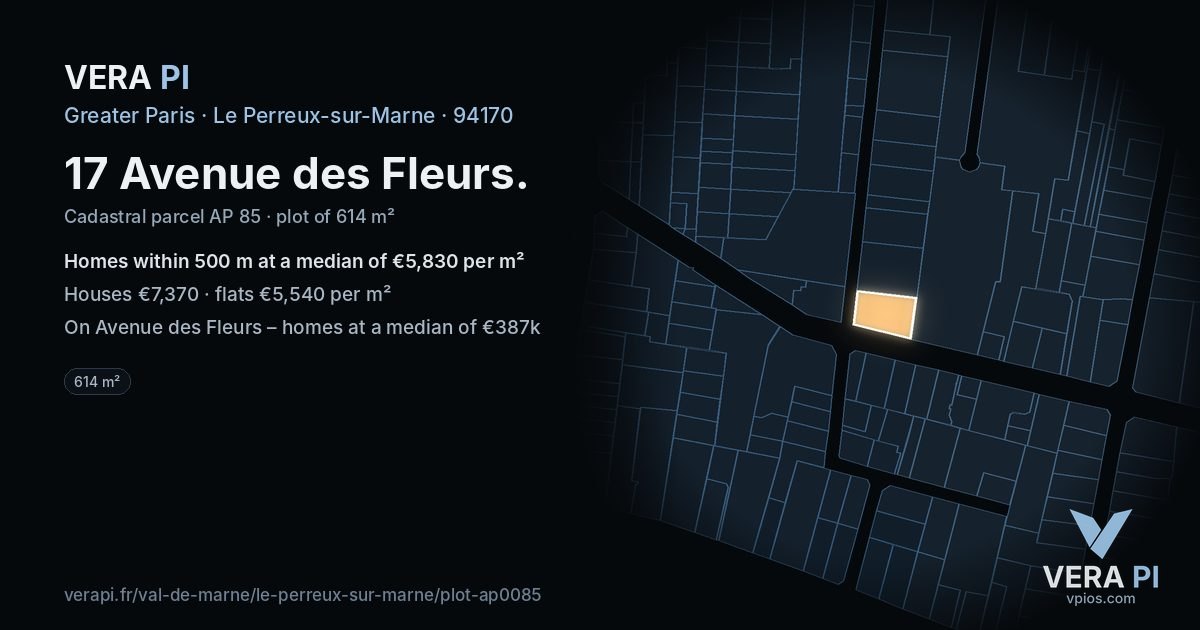 17 Avenue des Fleurs, Le Perreux-sur-Marne at night – the plot lit, the parcels around coloured by the prices near them