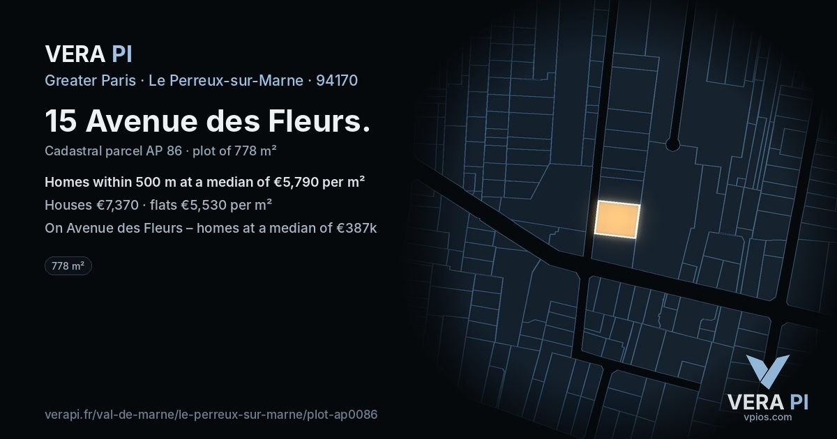 15 Avenue des Fleurs, Le Perreux-sur-Marne at night – the plot lit, the parcels around coloured by the prices near them