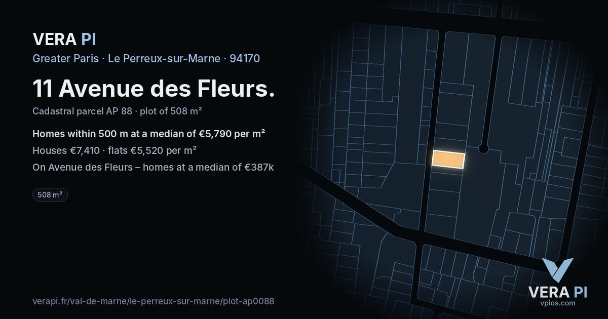 11 Avenue des Fleurs, Le Perreux-sur-Marne at night – the plot lit, the parcels around coloured by the prices near them