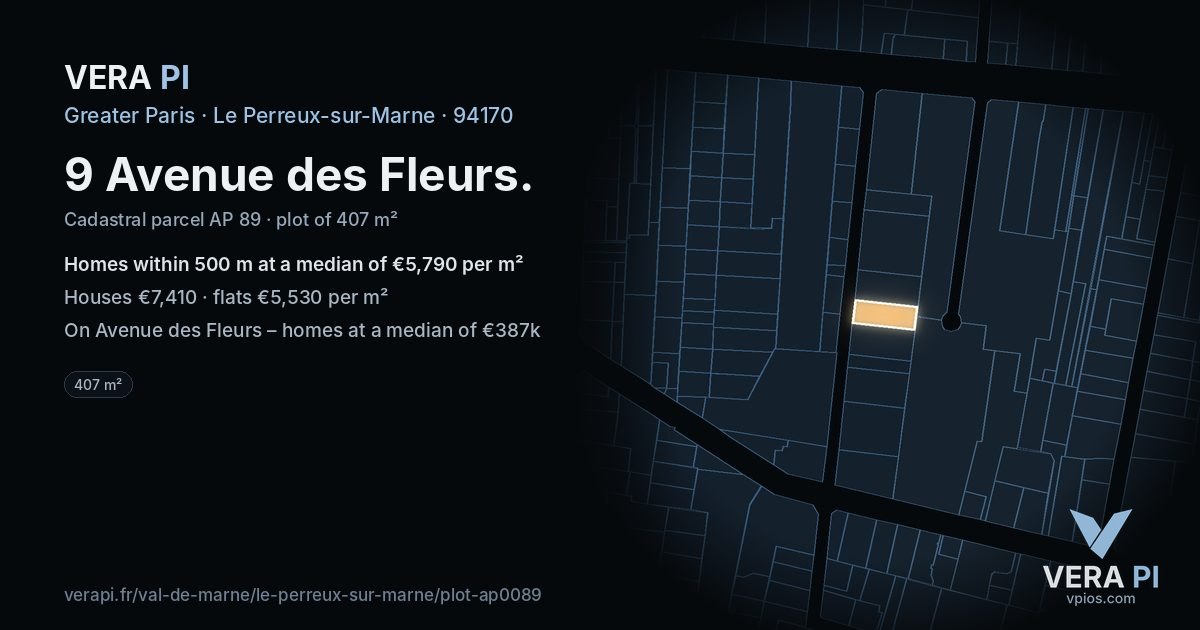 9 Avenue des Fleurs, Le Perreux-sur-Marne at night – the plot lit, the parcels around coloured by the prices near them