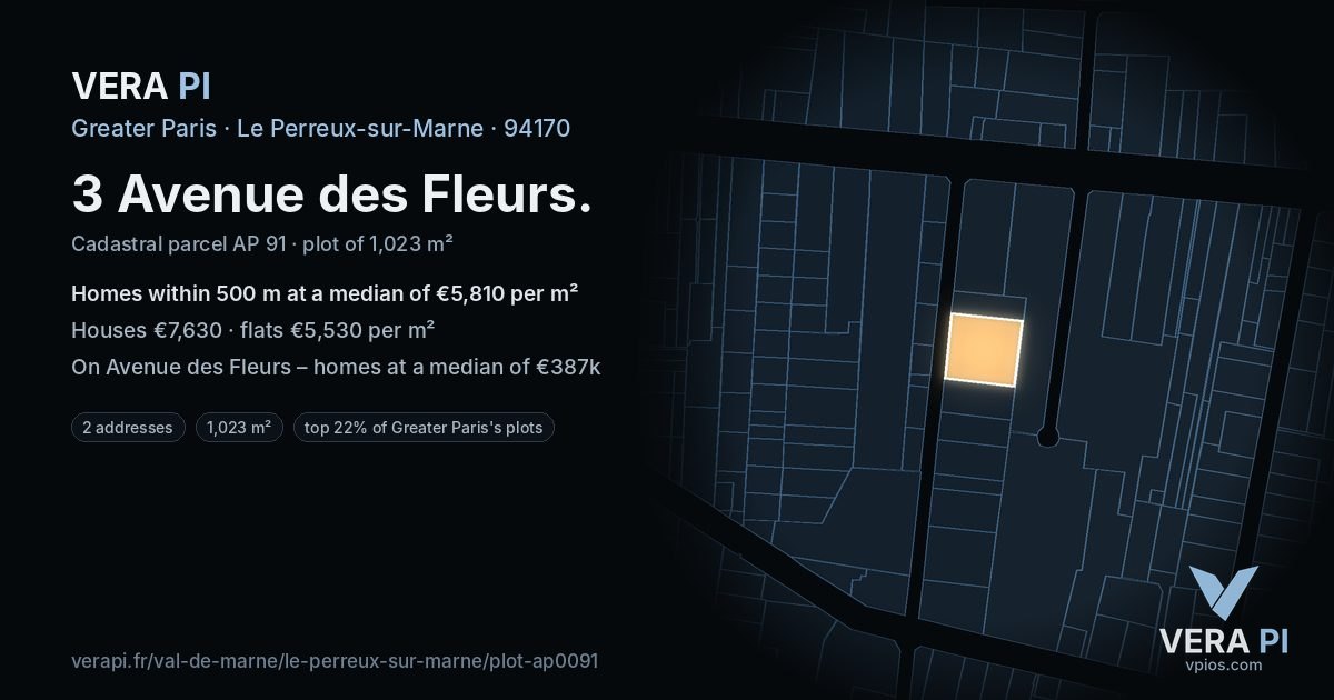 3 Avenue des Fleurs, Le Perreux-sur-Marne at night – the plot lit, the parcels around coloured by the prices near them