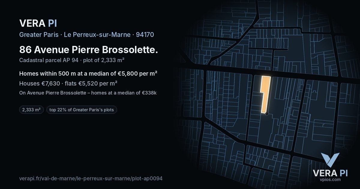 86 Avenue Pierre Brossolette, Le Perreux-sur-Marne at night – the plot lit, the parcels around coloured by the prices near them