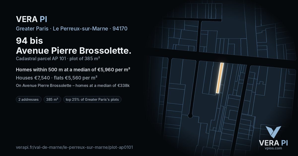 94 bis Avenue Pierre Brossolette, Le Perreux-sur-Marne at night – the plot lit, the parcels around coloured by the prices near them