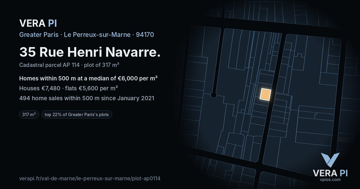35 Rue Henri Navarre, Le Perreux-sur-Marne at night – the plot lit, the parcels around coloured by the prices near them