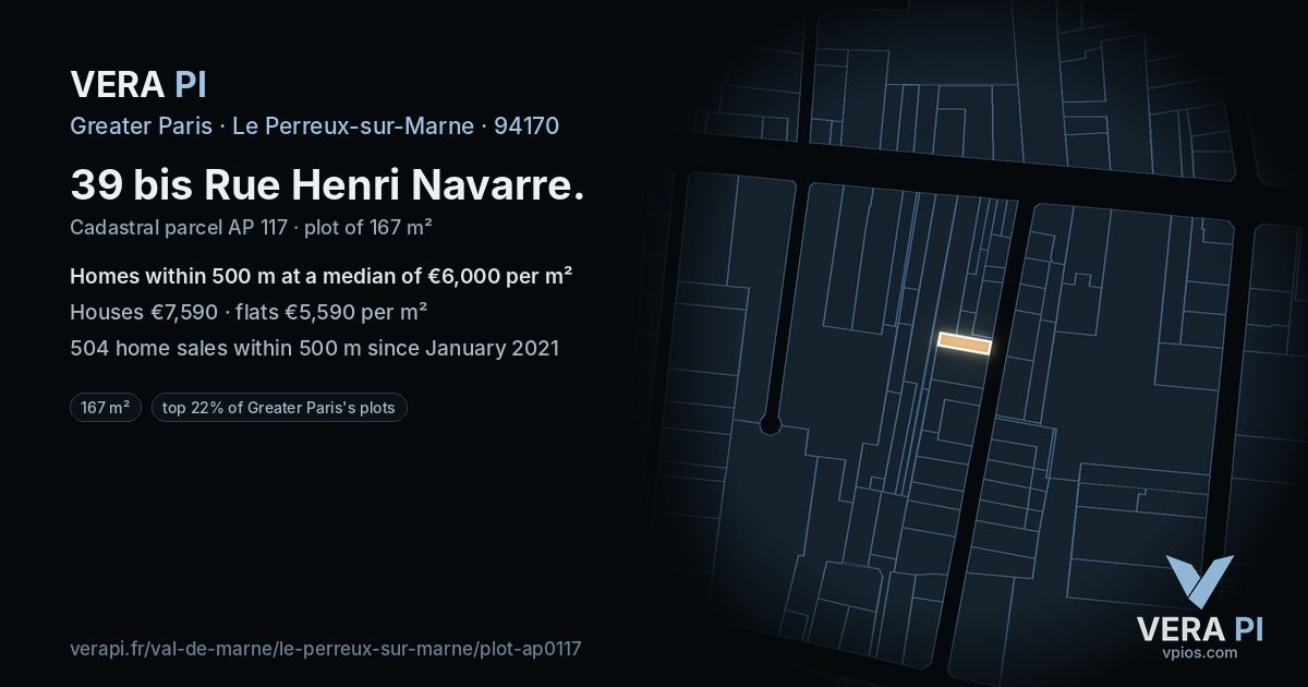39 bis Rue Henri Navarre, Le Perreux-sur-Marne at night – the plot lit, the parcels around coloured by the prices near them