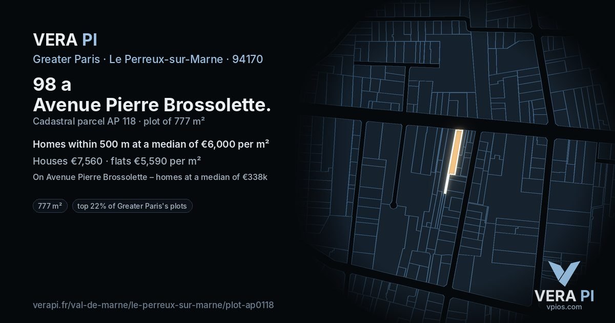 98 a Avenue Pierre Brossolette, Le Perreux-sur-Marne at night – the plot lit, the parcels around coloured by the prices near them