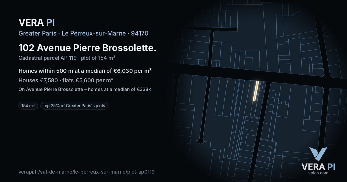 102 Avenue Pierre Brossolette, Le Perreux-sur-Marne at night – the plot lit, the parcels around coloured by the prices near them