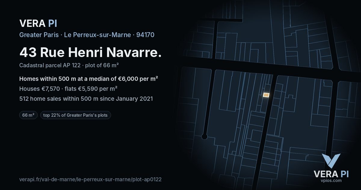 43 Rue Henri Navarre, Le Perreux-sur-Marne at night – the plot lit, the parcels around coloured by the prices near them