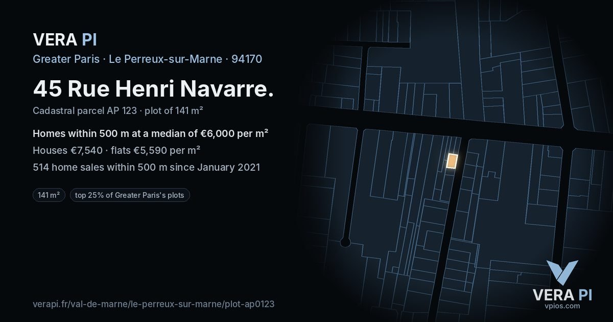 45 Rue Henri Navarre, Le Perreux-sur-Marne at night – the plot lit, the parcels around coloured by the prices near them