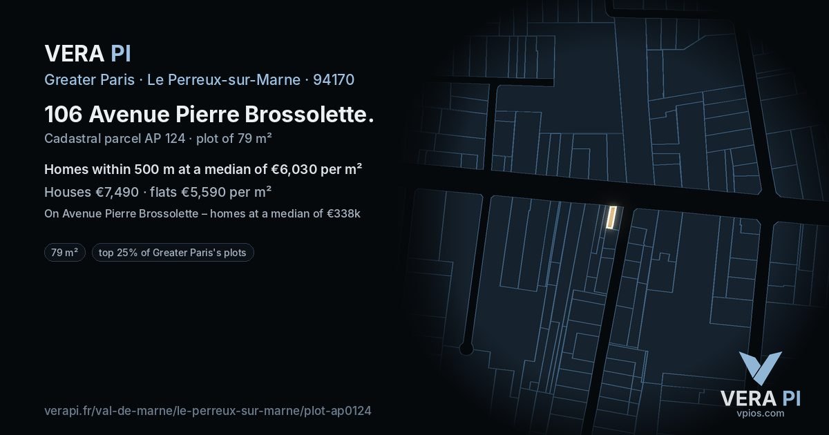 106 Avenue Pierre Brossolette, Le Perreux-sur-Marne at night – the plot lit, the parcels around coloured by the prices near them