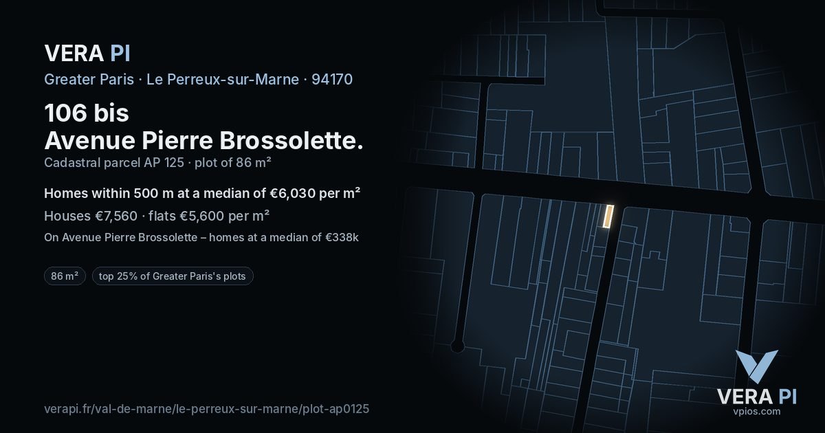 106 bis Avenue Pierre Brossolette, Le Perreux-sur-Marne at night – the plot lit, the parcels around coloured by the prices near them