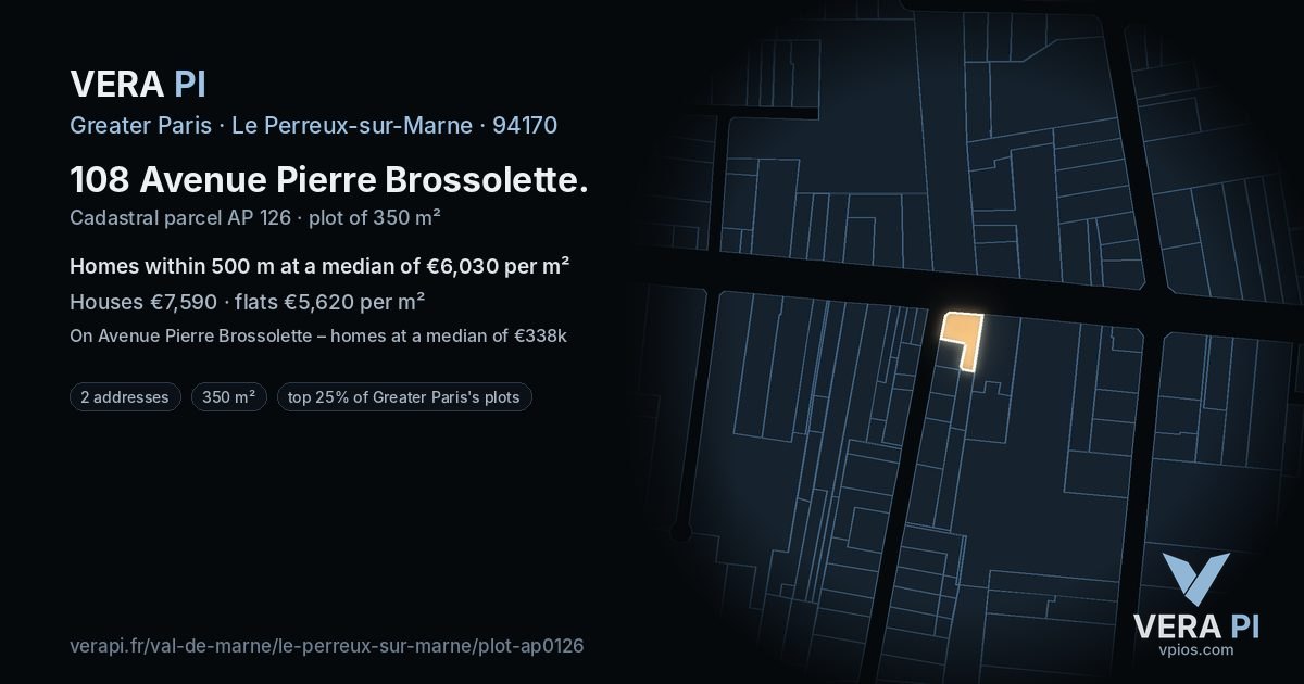 108 Avenue Pierre Brossolette, Le Perreux-sur-Marne at night – the plot lit, the parcels around coloured by the prices near them