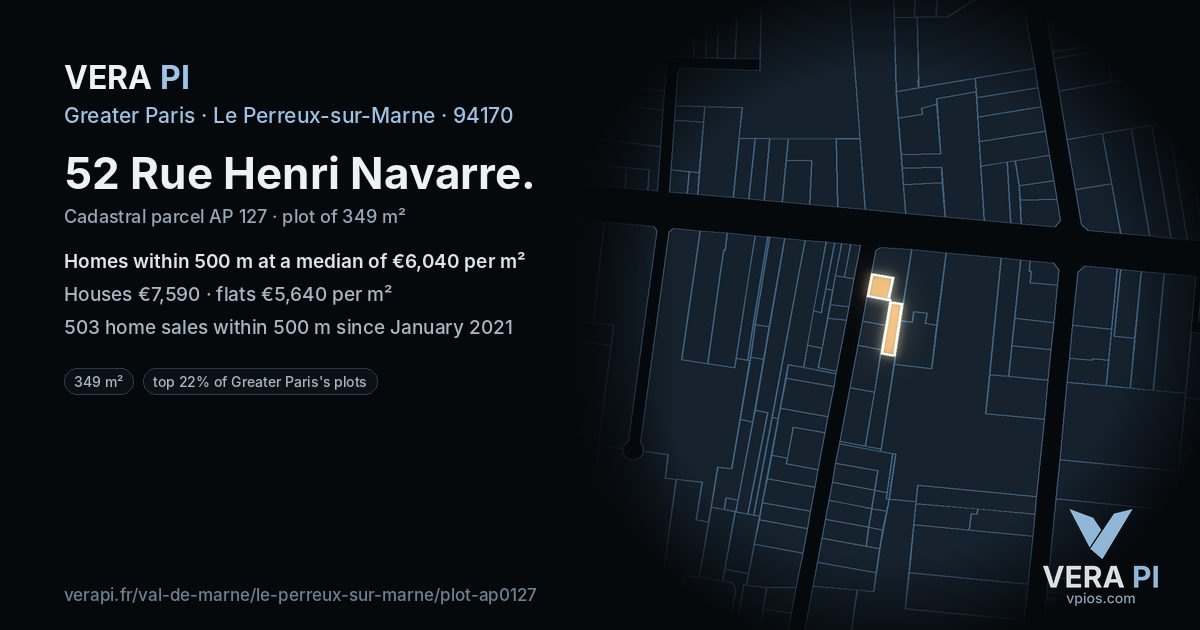 52 Rue Henri Navarre, Le Perreux-sur-Marne at night – the plot lit, the parcels around coloured by the prices near them