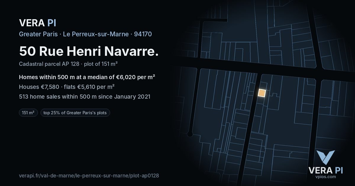 50 Rue Henri Navarre, Le Perreux-sur-Marne at night – the plot lit, the parcels around coloured by the prices near them