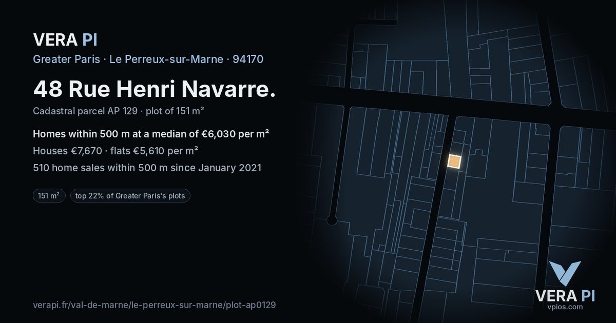 48 Rue Henri Navarre, Le Perreux-sur-Marne at night – the plot lit, the parcels around coloured by the prices near them