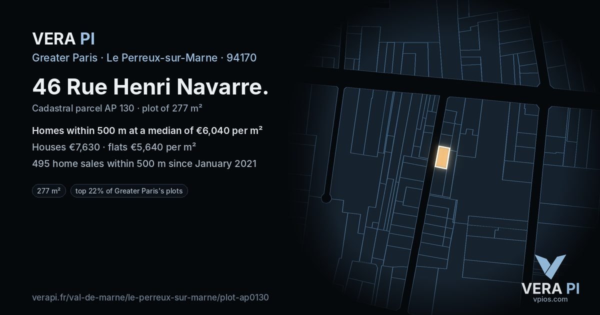46 Rue Henri Navarre, Le Perreux-sur-Marne at night – the plot lit, the parcels around coloured by the prices near them