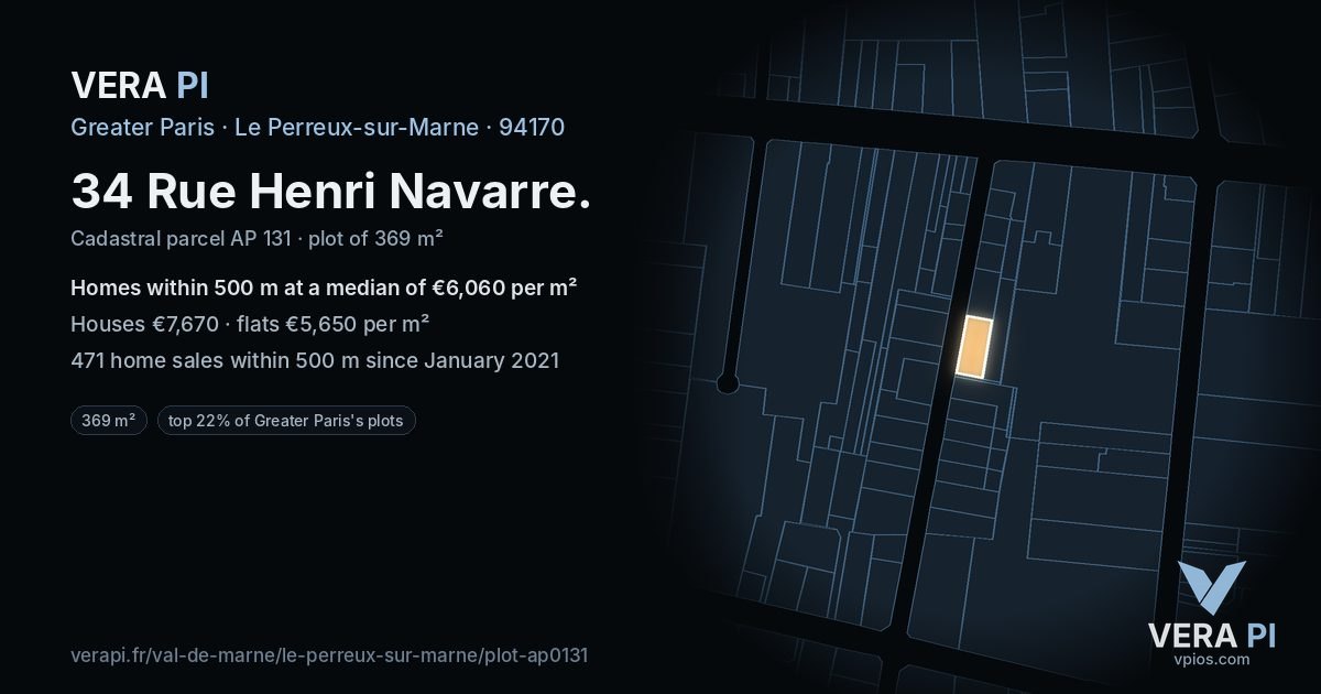 34 Rue Henri Navarre, Le Perreux-sur-Marne at night – the plot lit, the parcels around coloured by the prices near them