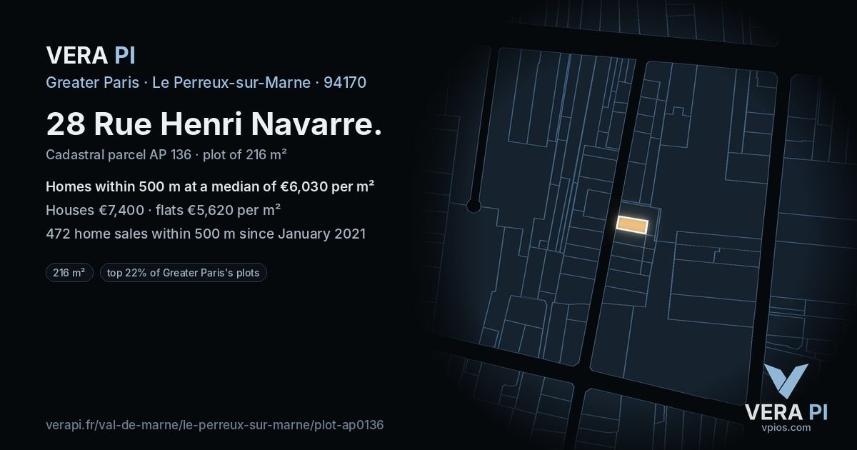 28 Rue Henri Navarre, Le Perreux-sur-Marne at night – the plot lit, the parcels around coloured by the prices near them