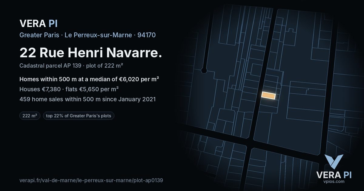 22 Rue Henri Navarre, Le Perreux-sur-Marne at night – the plot lit, the parcels around coloured by the prices near them