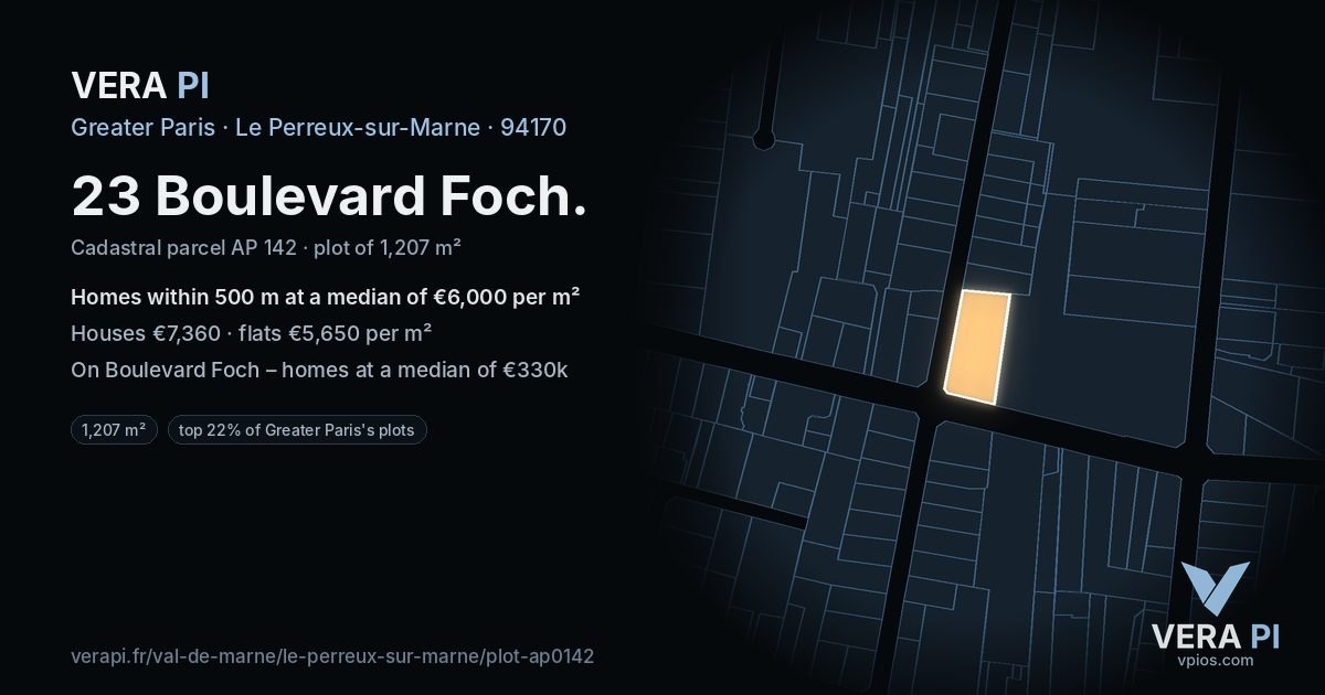 23 Boulevard Foch, Le Perreux-sur-Marne at night – the plot lit, the parcels around coloured by the prices near them