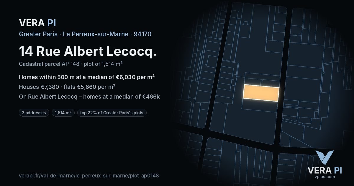 14 Rue Albert Lecocq, Le Perreux-sur-Marne at night – the plot lit, the parcels around coloured by the prices near them