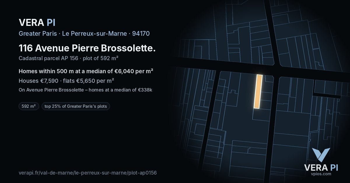 116 Avenue Pierre Brossolette, Le Perreux-sur-Marne at night – the plot lit, the parcels around coloured by the prices near them