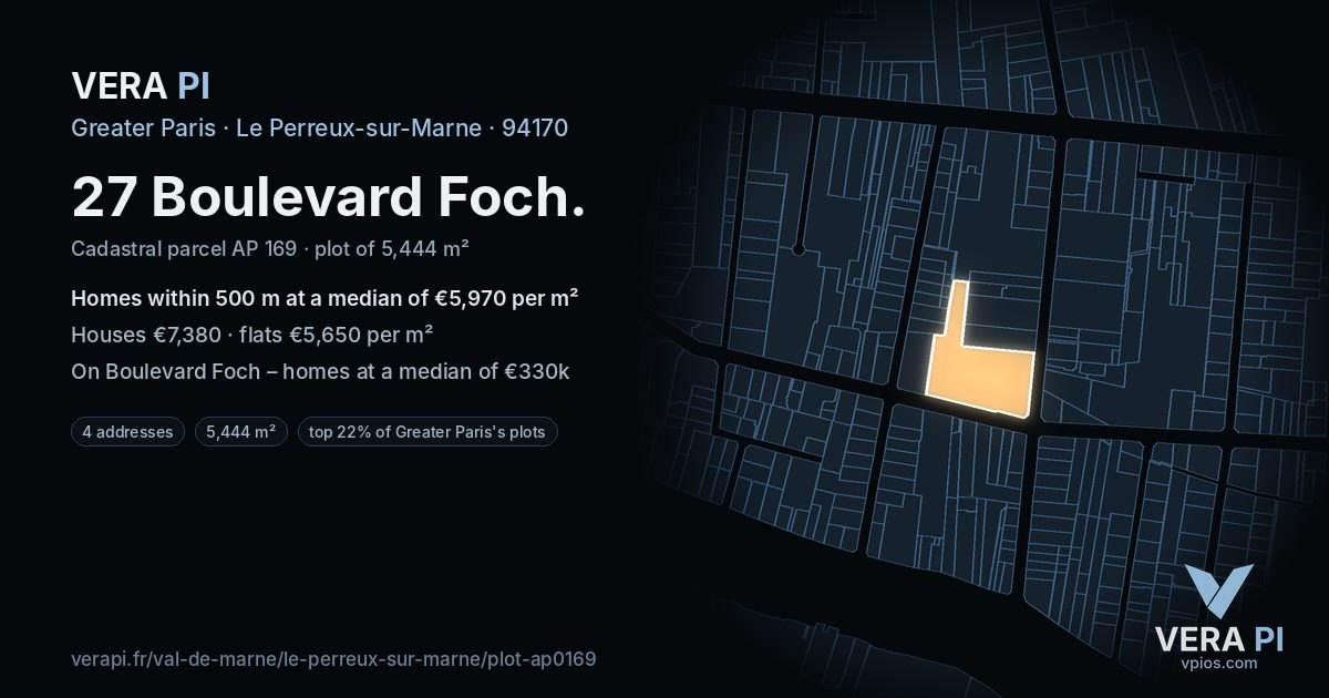 27 Boulevard Foch, Le Perreux-sur-Marne at night – the plot lit, the parcels around coloured by the prices near them