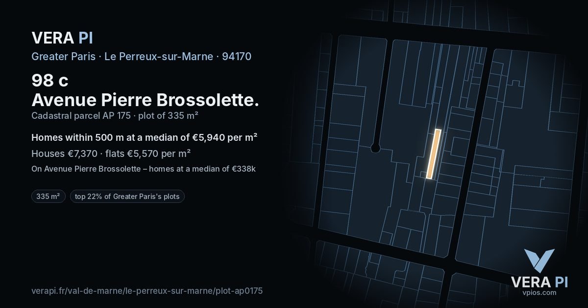 98 c Avenue Pierre Brossolette, Le Perreux-sur-Marne at night – the plot lit, the parcels around coloured by the prices near them