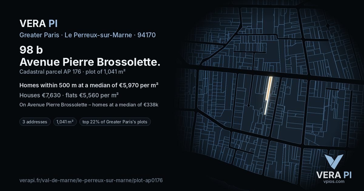 98 b Avenue Pierre Brossolette, Le Perreux-sur-Marne at night – the plot lit, the parcels around coloured by the prices near them