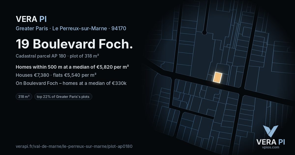19 Boulevard Foch, Le Perreux-sur-Marne at night – the plot lit, the parcels around coloured by the prices near them
