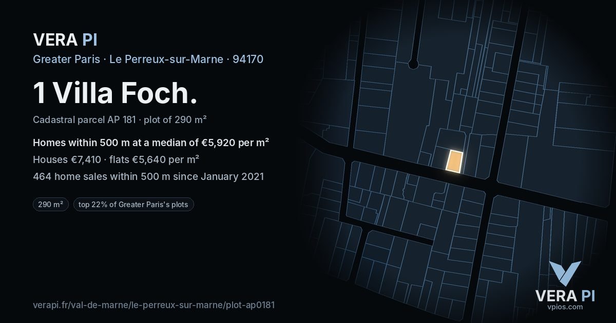 1 Villa Foch, Le Perreux-sur-Marne at night – the plot lit, the parcels around coloured by the prices near them