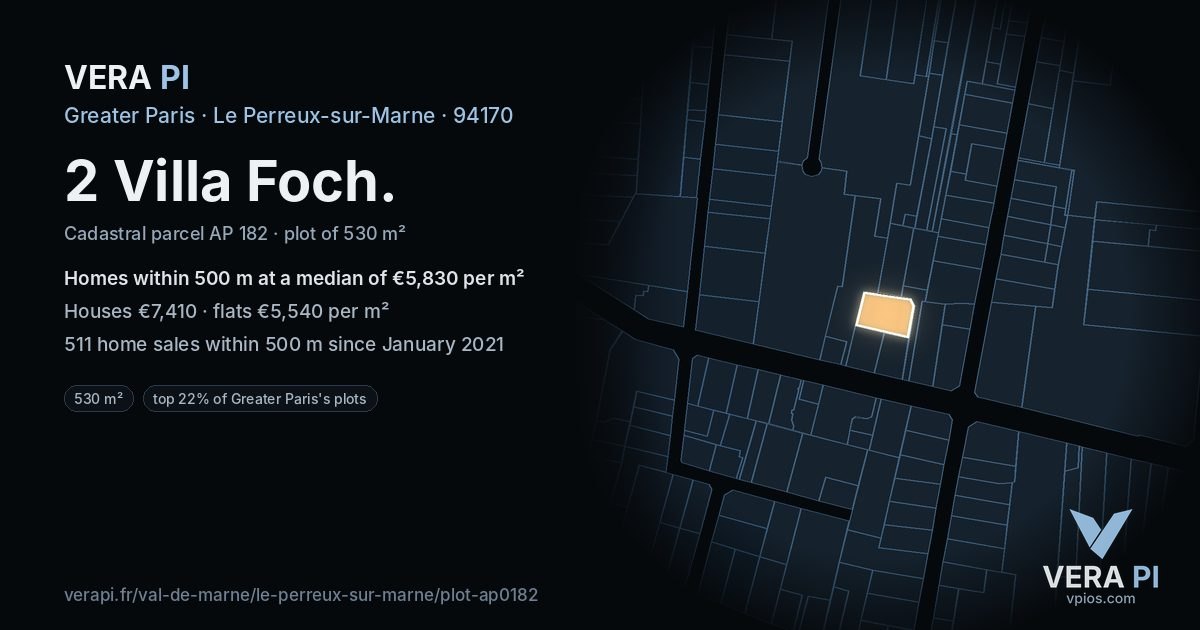 2 Villa Foch, Le Perreux-sur-Marne at night – the plot lit, the parcels around coloured by the prices near them