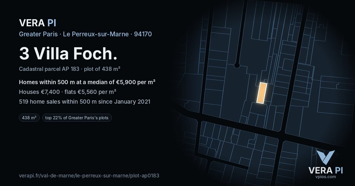 3 Villa Foch, Le Perreux-sur-Marne at night – the plot lit, the parcels around coloured by the prices near them