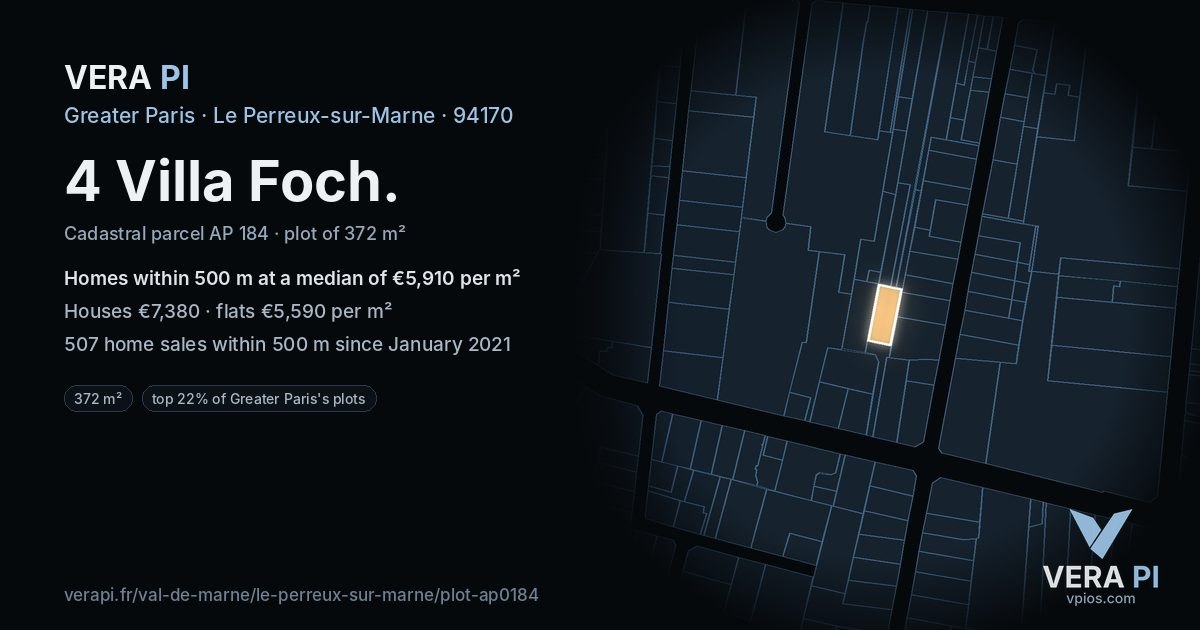 4 Villa Foch, Le Perreux-sur-Marne at night – the plot lit, the parcels around coloured by the prices near them